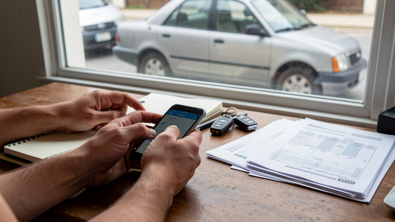 Plan rapproché d’une personne calculant le coût total de possession d’une voiture d’occasion avec un téléphone et un carnet, des documents de maintenance et d’assurance sur une table, et une voiture visible à travers une fenêtre.