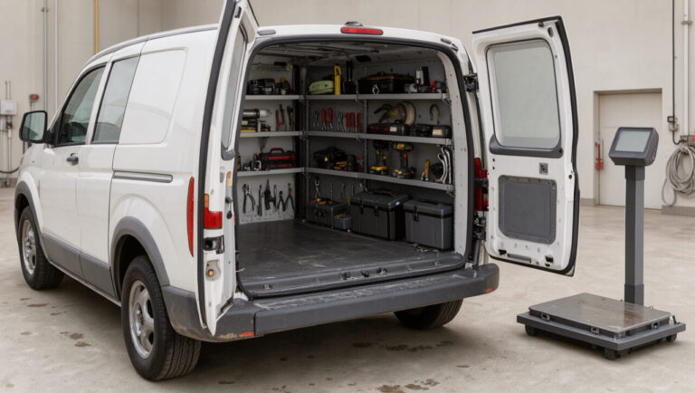 Utilitaire d’occasion aménagé avec rangements, outils sécurisés et équipements visibles lors d’une inspection de la charge utile et de la conformité.