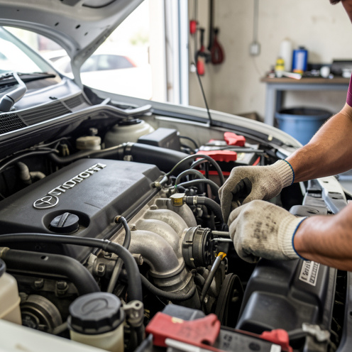 Photo documentaire réaliste d’une baie moteur diesel Toyota D-4D avec un entretien en cours, des gants effectuant un serrage sur des pièces mécaniques, dans un atelier éclairé par la lumière naturelle.