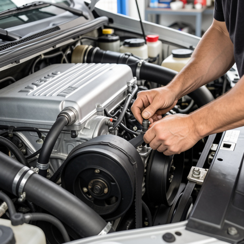 Vue détaillée du compartiment moteur d’un utilitaire, avec un atelier mécanique en arrière-plan et des mains en train d’effectuer un entretien sur un moteur diesel.