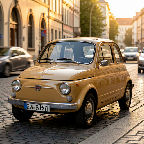 Photo réaliste d’une Fiat 500 de 1969 garée dans une rue européenne au lever du soleil, vue rapprochée avec lumière dorée et arrière-plan légèrement flou.