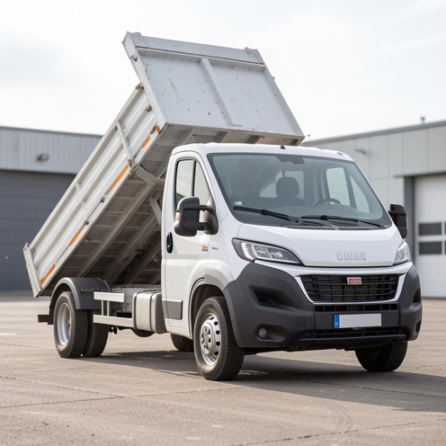 Vue détaillée d’une camionnette utilitaire type Fiat Ducato benne, benne relevée et chargement, sur une cour industrielle, lumière naturelle réaliste, sans personnes.