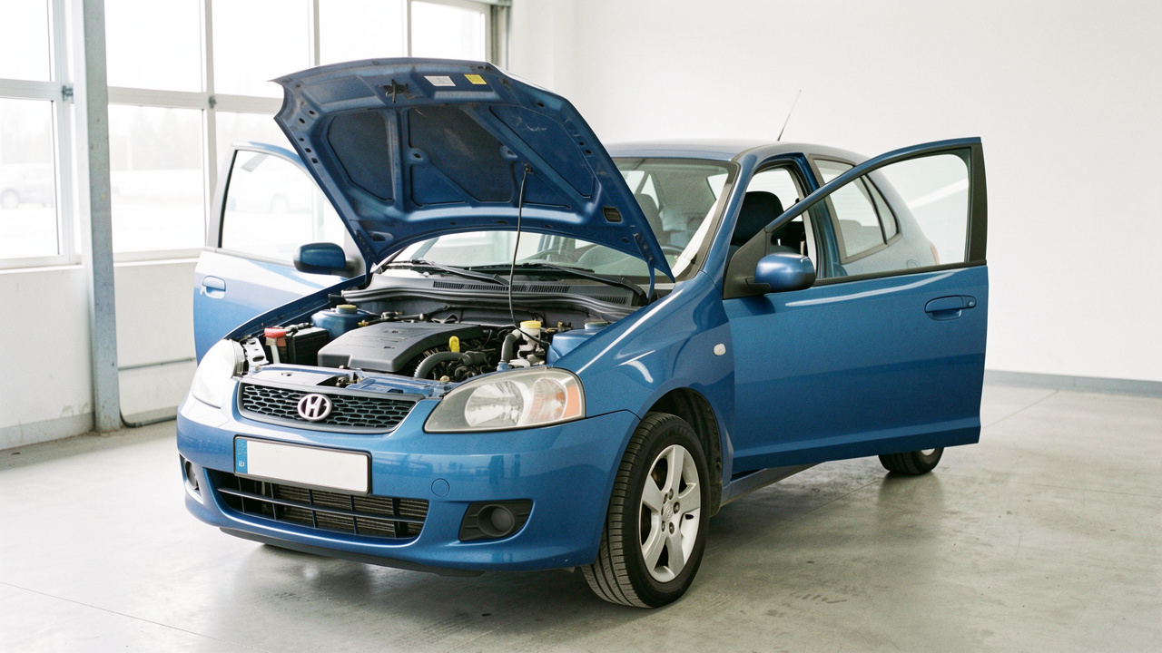 Petite voiture compacte bleue d’occasion inspectée dans un garage lumineux, avec le capot ouvert et les principaux éléments visibles avant l’achat.