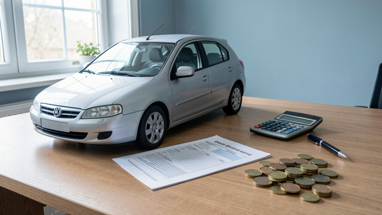 Voiture d’occasion argentée accompagnée d’un document vierge, d’une calculatrice et de pièces disposées sur un bureau pour illustrer le calcul des frais de carte grise.