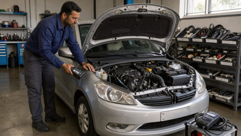 Un mécanicien examine le moteur ouvert d’une voiture d’occasion dans un garage propre, avec des outils de diagnostic à proximité.