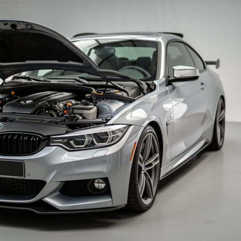 Vue réaliste d’une voiture de style coupé sportif inspirée d’une BMW Série 3, avec éclairage studio mettant en valeur la calandre, les jantes et des détails du compartiment moteur.