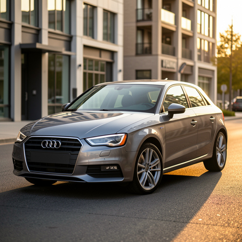 Photo réaliste d’une berline compacte de type Audi A3, vue trois-quarts avant, garée en ville moderne à l’heure dorée, éclairage naturel cinématographique et détails des phares et des jantes.