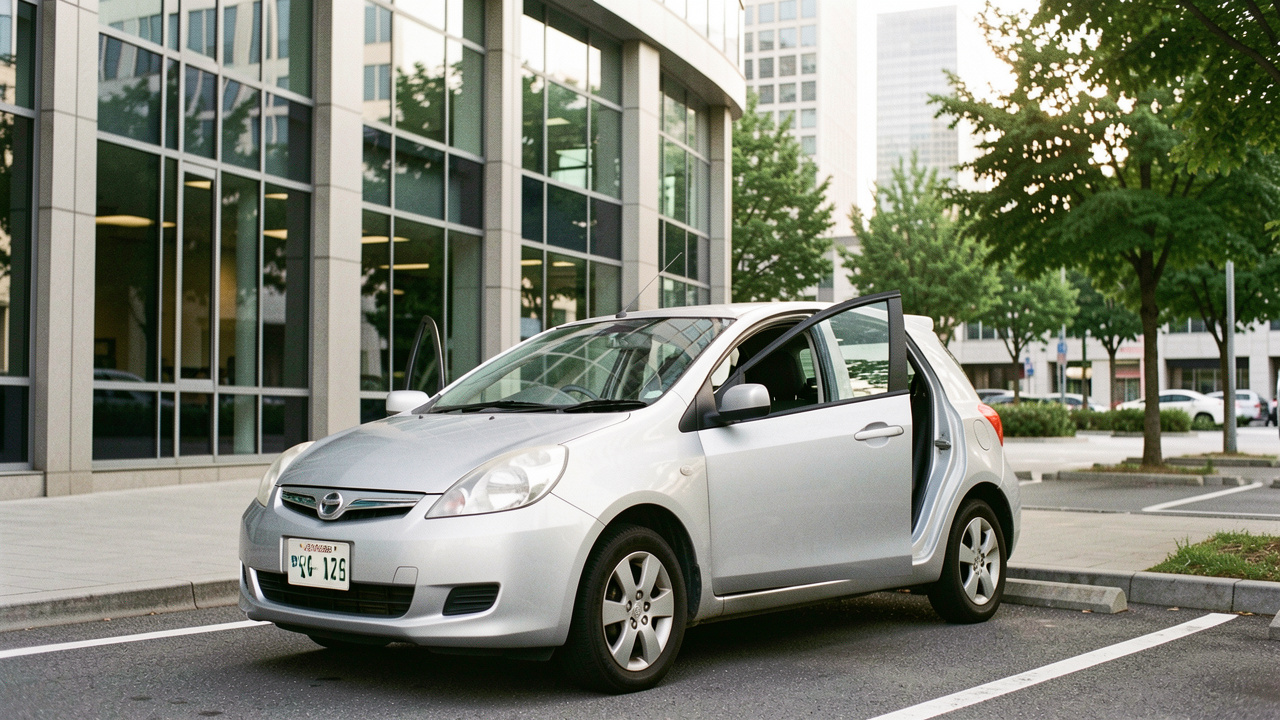 Voiture compacte japonaise d’occasion, propre et bien entretenue, stationnée devant un immeuble de bureaux moderne pour illustrer un usage professionnel polyvalent.