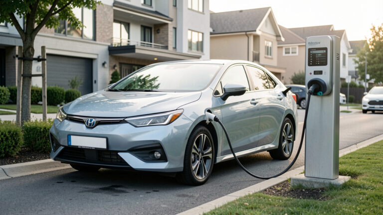 Voiture hybride rechargeable d’occasion branchée à une borne de recharge dans une allée résidentielle, sous une lumière matinale douce.