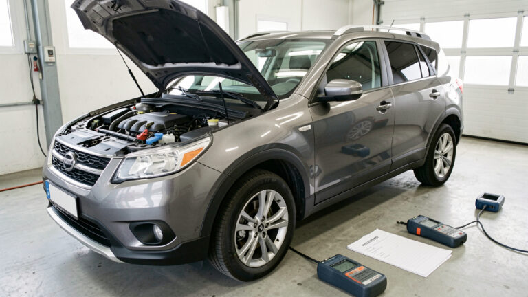 SUV compact d’occasion gris métallisé inspecté dans un atelier automobile, avec capot ouvert, moteur, pneus et outils de diagnostic visibles.