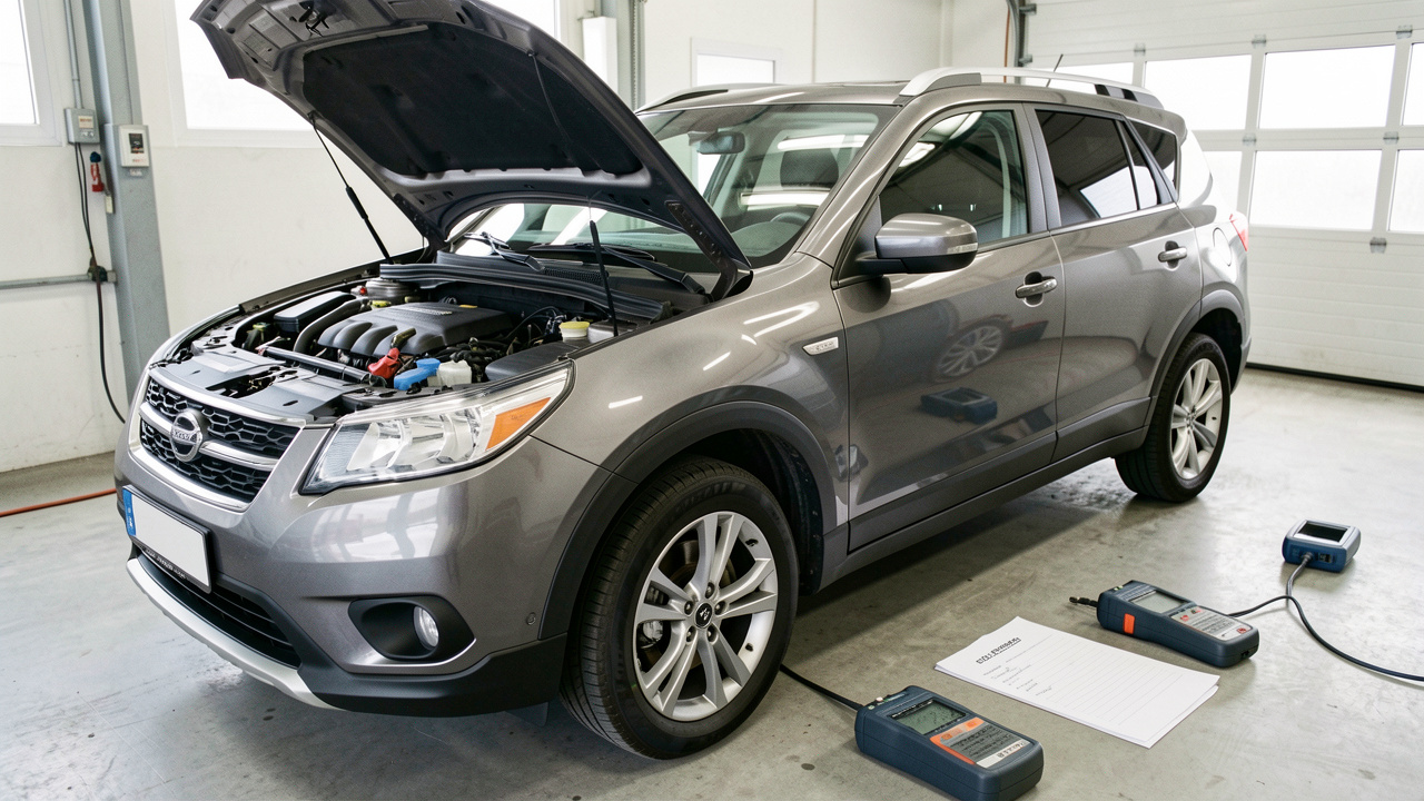 SUV compact d’occasion gris métallisé inspecté dans un atelier automobile, avec capot ouvert, moteur, pneus et outils de diagnostic visibles.
