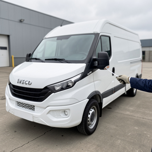 Un fourgon utilitaire de type Iveco 35S12 sur une cour industrielle, avec les mains gantées d’un mécanicien qui mesurent les dimensions et inspectent le compartiment moteur, éclairage naturel et rendu photo documentaire réaliste.
