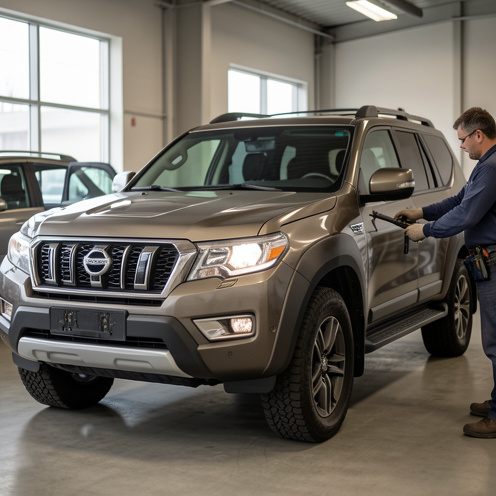 Un SUV sept places dans une salle d’exposition automobile d’occasion, avec un mécanicien inspectant des éléments comme les phares et les pneus, éclairage naturel diffus et rendu photo réaliste.