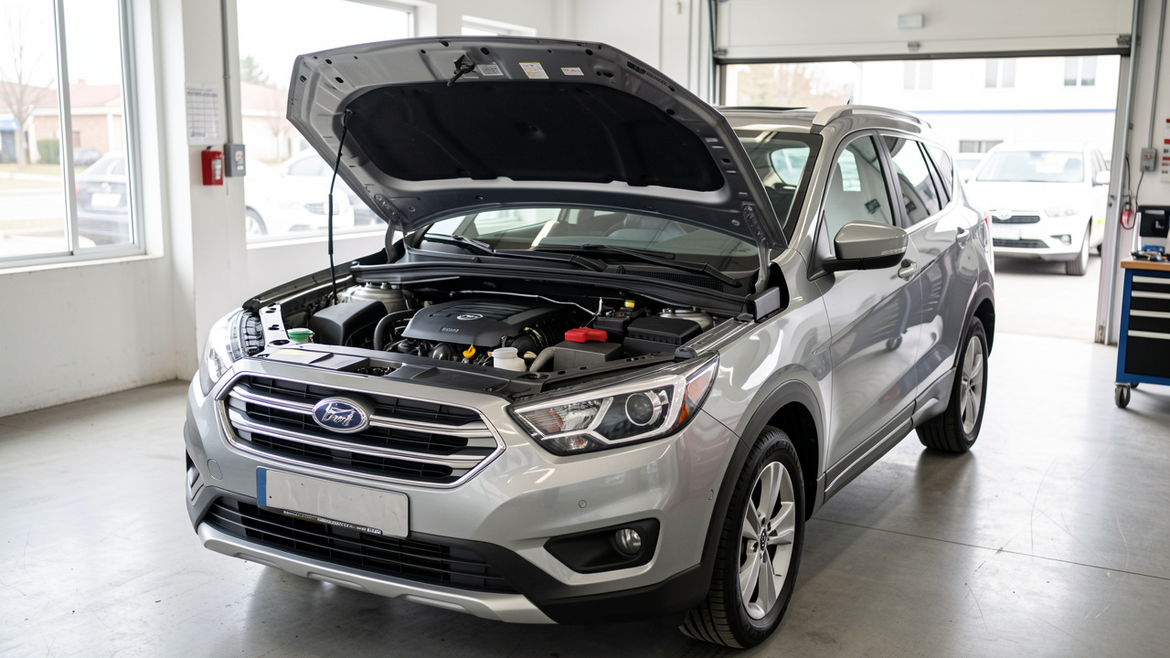 SUV compact d’occasion bien entretenu, capot ouvert sur un moteur propre dans un atelier automobile lumineux.