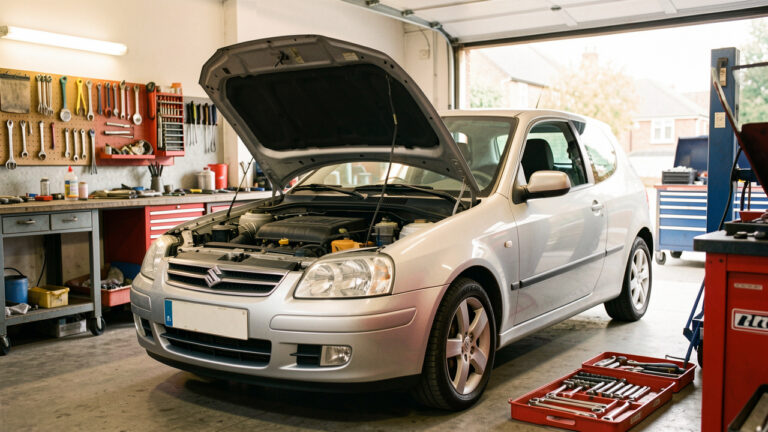 Citadine compacte d’occasion inspectée dans un garage propre, capot ouvert et moteur visible pour évoquer le choix d’une motorisation fiable et économique.
