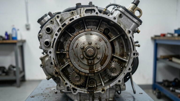 Moteur automobile d’occasion avec chaîne de distribution exposée, inspectée dans un atelier propre et professionnel.