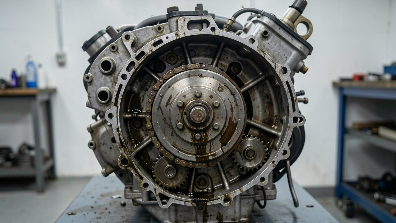 Moteur automobile d’occasion avec chaîne de distribution exposée, inspectée dans un atelier propre et professionnel.