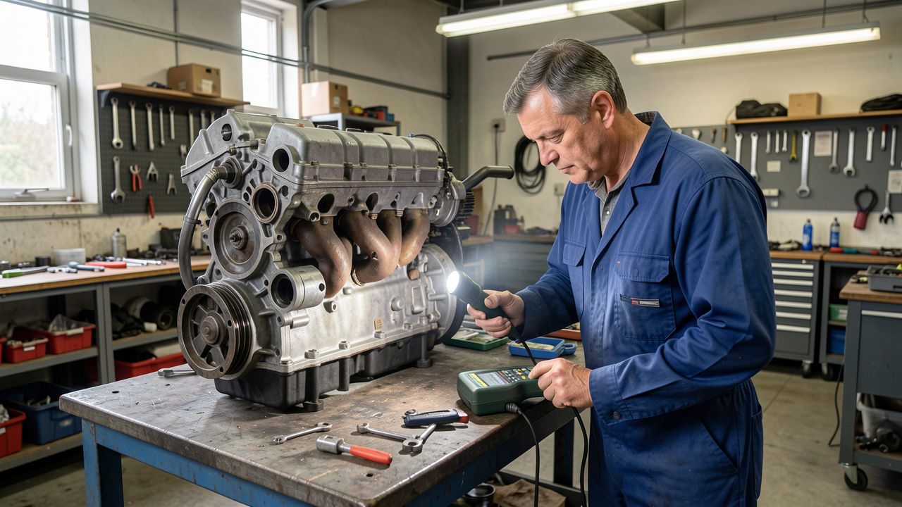Moteur automobile trois cylindres d’occasion inspecté par un mécanicien dans un atelier propre et organisé.