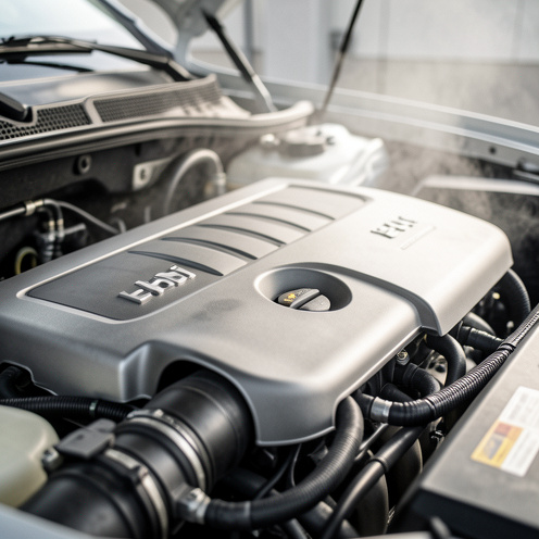 Gros plan réaliste d’une baie moteur automobile moderne montrant des composants du groupe motopropulseur e-HDi en fonctionnement léger, lumière naturelle et détails métalliques, sans aucun texte ni étiquette.