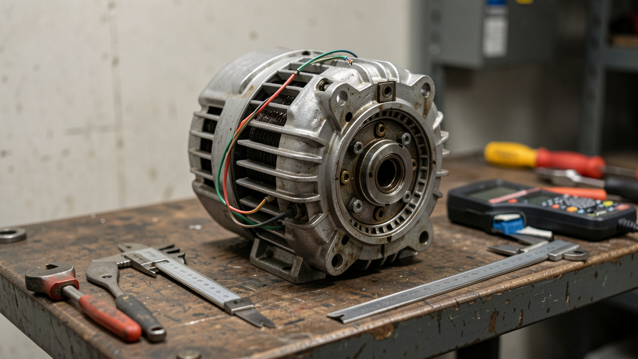 Moteur électrique d’occasion posé sur un établi, entouré d’outils de contrôle et présentant ses connexions, roulements et ailettes de refroidissement.