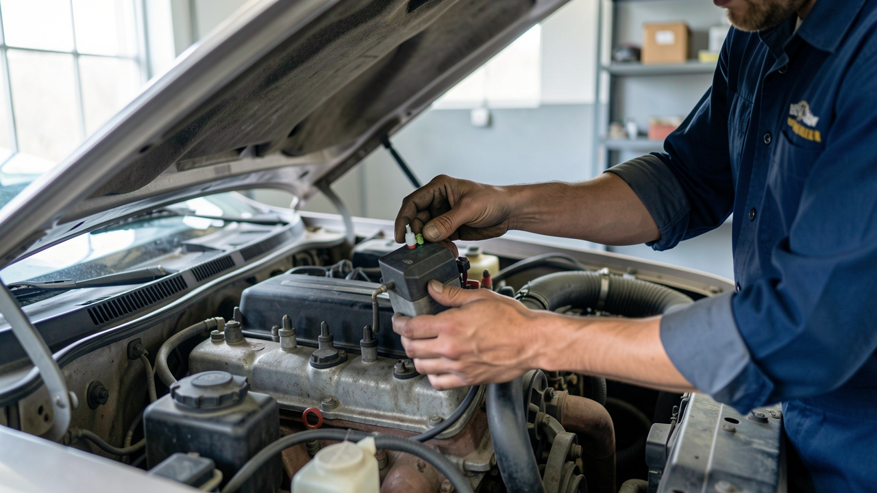 Mécanicien inspectant un moteur essence d’occasion dans un atelier, vérifiant des pièces comme les bougies et le système d’allumage pour limiter les risques de panne.