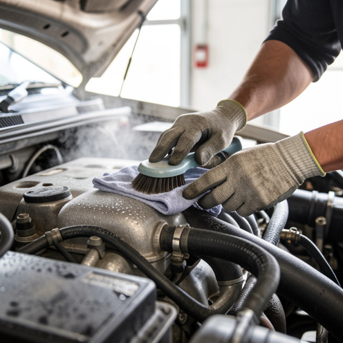 Nettoyage minutieux du compartiment moteur d’une voiture dans un atelier, avec une brosse et un chiffon microfibre, lumière naturelle et vapeur légère d’un dégraissant.