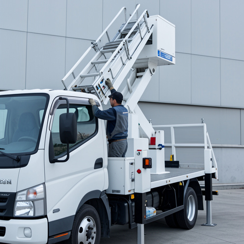Photo réaliste d’une camionnette type Nissan Cabstar avec nacelle hydraulique en hauteur, montrant les mécanismes, la stabilité de la plateforme et une inspection des points de contrôle et de commande.