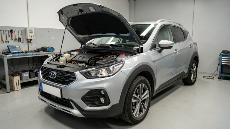 SUV compacte d’occasion inspecté dans un atelier, avec le capot ouvert et les principaux éléments mécaniques visibles, notamment le moteur, les pneus, les freins et la suspension.
