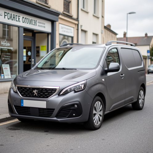 Photo réaliste d’une Peugeot 308 Affaire, vue de trois-quarts avant, dans une rue urbaine près d’une vitrine, lumière naturelle diffuse, mise au point sur les détails utilitaires du véhicule.