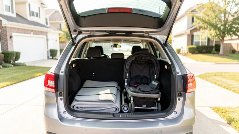 Voiture familiale avec un grand coffre ouvert, objets pratiques rangés et ambiance de matin lumineux, pour illustrer un choix économique et pratique.