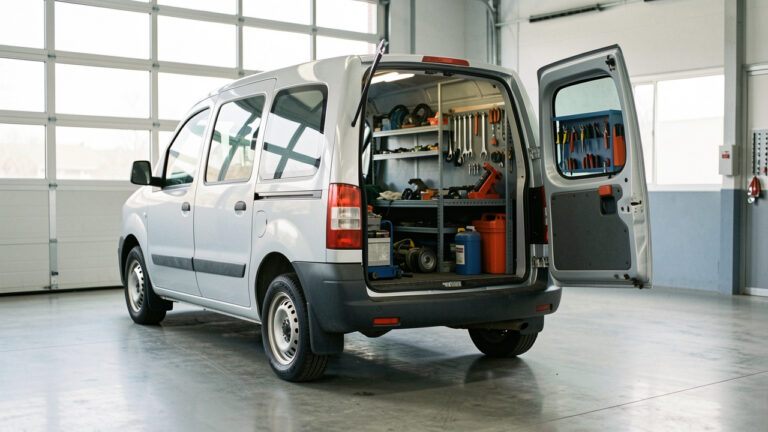 Fourgon utilitaire compact d’occasion garé devant un atelier, portes arrière ouvertes montrant des outils de maintenance bien rangés.
