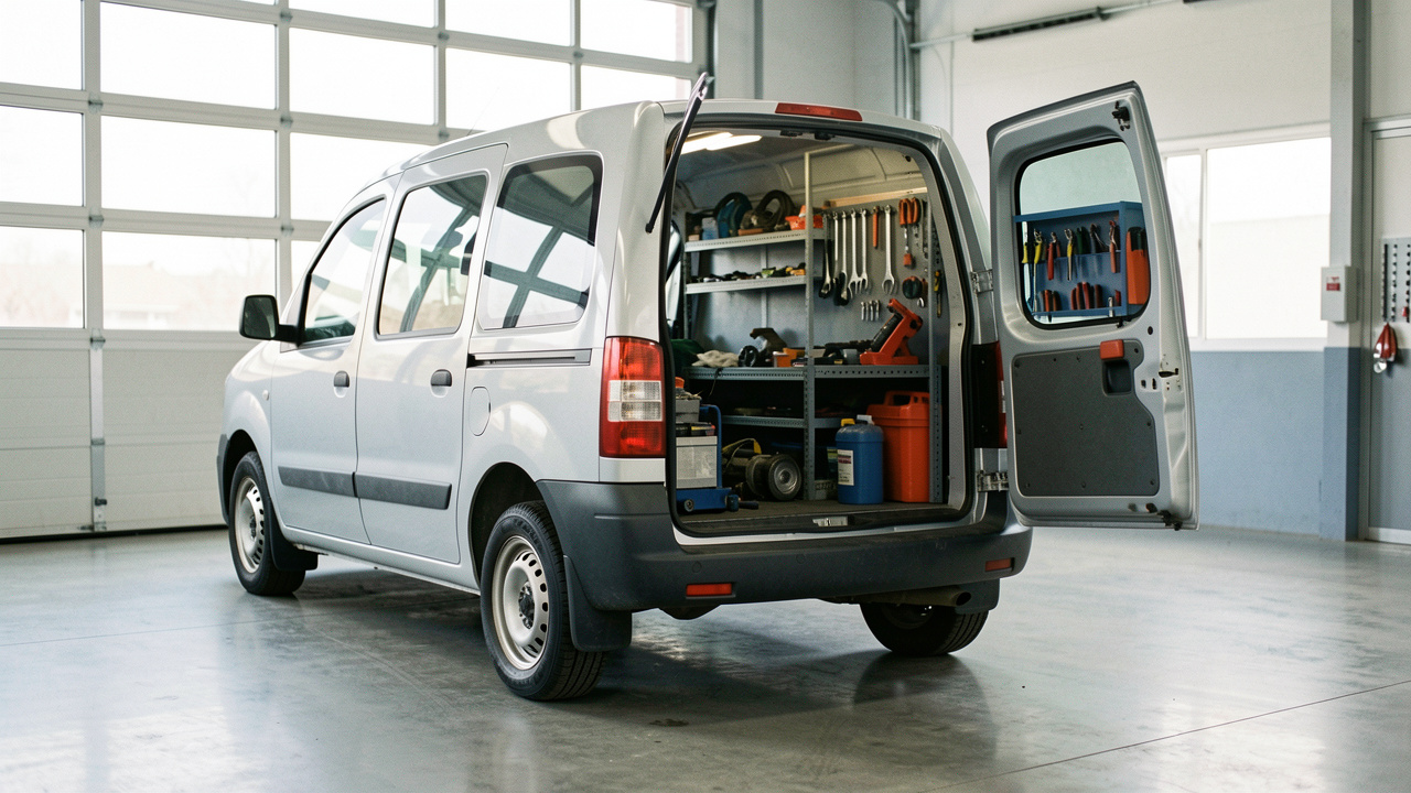 Fourgon utilitaire compact d’occasion garé devant un atelier, portes arrière ouvertes montrant des outils de maintenance bien rangés.