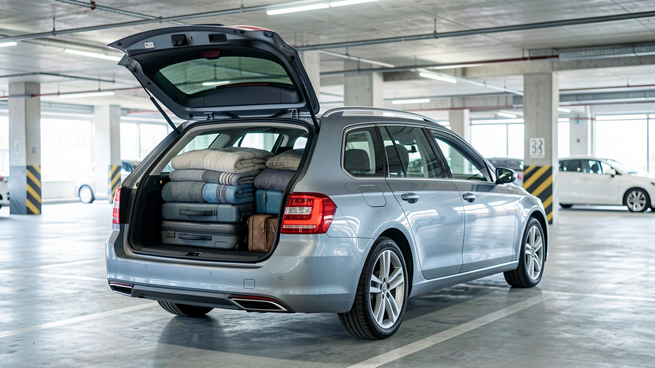 Photo réaliste d’un break de type station wagon avec hayon ouvert, montrant un grand coffre et des bagages, dans un parking urbain lumineux.
