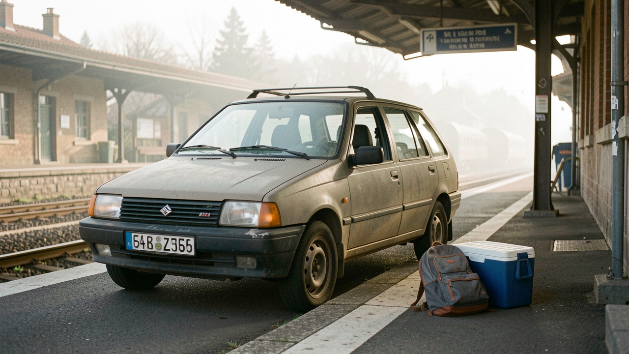 Un monospace compact d’occasion prêt pour un voyage en famille, avec un sac d’enfant et une glacière près d’une gare, lumière du matin et ambiance documentaire naturelle.
