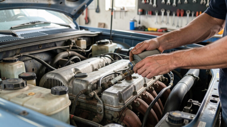 Baie moteur d’une voiture essence d’occasion, avec un mécanicien inspectant une bougie et un filtre à air, ambiance d’atelier réaliste, éclairage naturel.