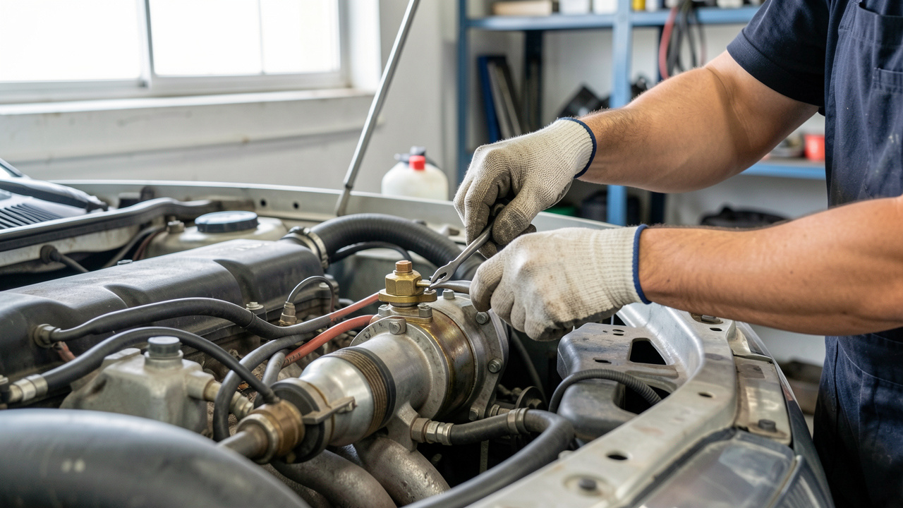 Moteur GPL d’occasion dans un atelier automobile, installation soignée d’un équipement LPG et vérification des connexions, ambiance documentaire et fiable.
