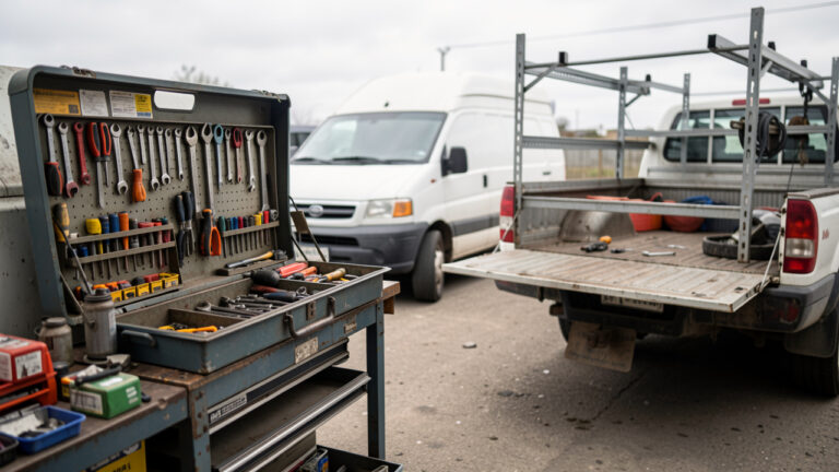 Inspection d’un utilitaire d’occasion destiné au dépannage, montrant un fourgon atelier avec outils et établi arrière, ainsi qu’un plateau et un pick-up équipés de rangements, éclairage naturel et ambiance industrielle.