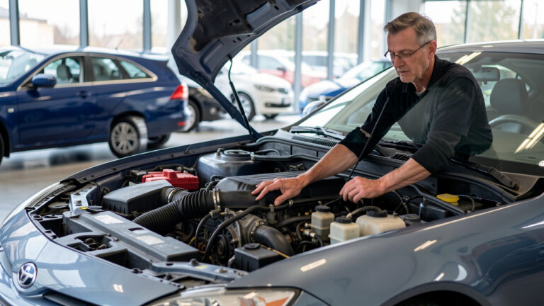 Une voiture coupé diesel d’occasion inspectée dans un garage lumineux, avec un mécanicien qui examine le compartiment moteur, ambiance documentaire réaliste.
