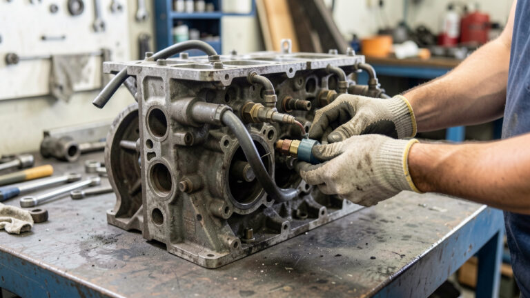 Moteur diesel d’occasion inspecté dans un atelier, mains gantées vérifiant des pièces comme des durites et un injecteur.