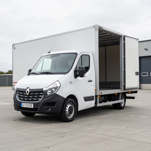 Vue réaliste d’un fourgon Renault Master 20 m3 sur un quai de chargement, avec la porte latérale ouverte pour illustrer l’espace intérieur et les dimensions du véhicule.