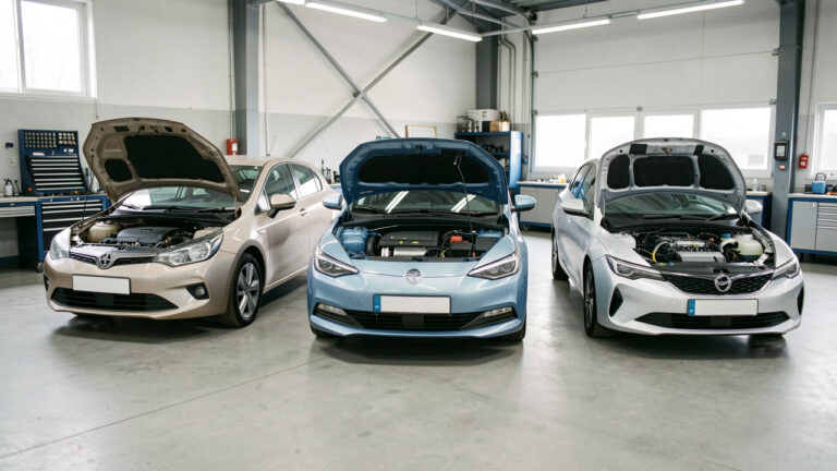 Trois générations d’une citadine compacte d’occasion présentées dans un atelier automobile, avec différents types de motorisations visibles.