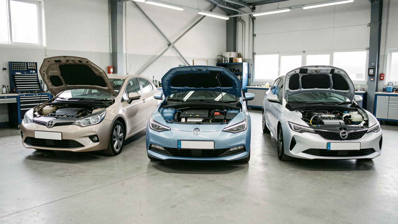 Trois générations d’une citadine compacte d’occasion présentées dans un atelier automobile, avec différents types de motorisations visibles.