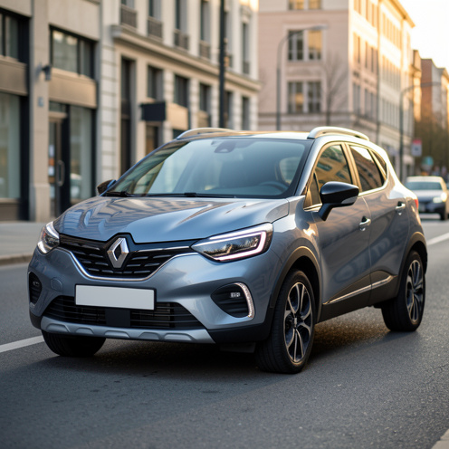 Vue en trois quarts d’un SUV compact moderne de style Renault Captur Intens, stationné en ville, éclairage doré naturel et détails réalistes de la carrosserie, des phares et de la calandre.