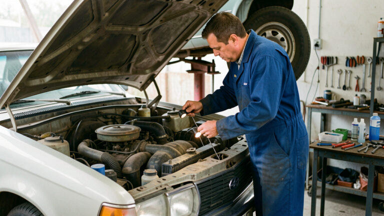 Un homme en combinaison de mécanicien inspecte une voiture d’occasion avec le capot ouvert, pendant une révision, avec outils rangés et éclairage naturel.