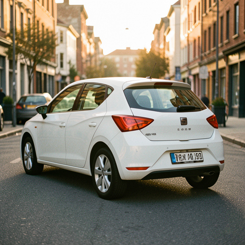 Photo réaliste d’une citadine type Seat Ibiza dans une rue calme au coucher du soleil, vue arrière trois-quarts, reflets naturels sur la carrosserie, sans personne.