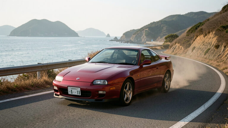 Coupé sportif japonais d’occasion rouge, bien entretenu, roulant sur une route côtière sinueuse sous une lumière matinale douce.