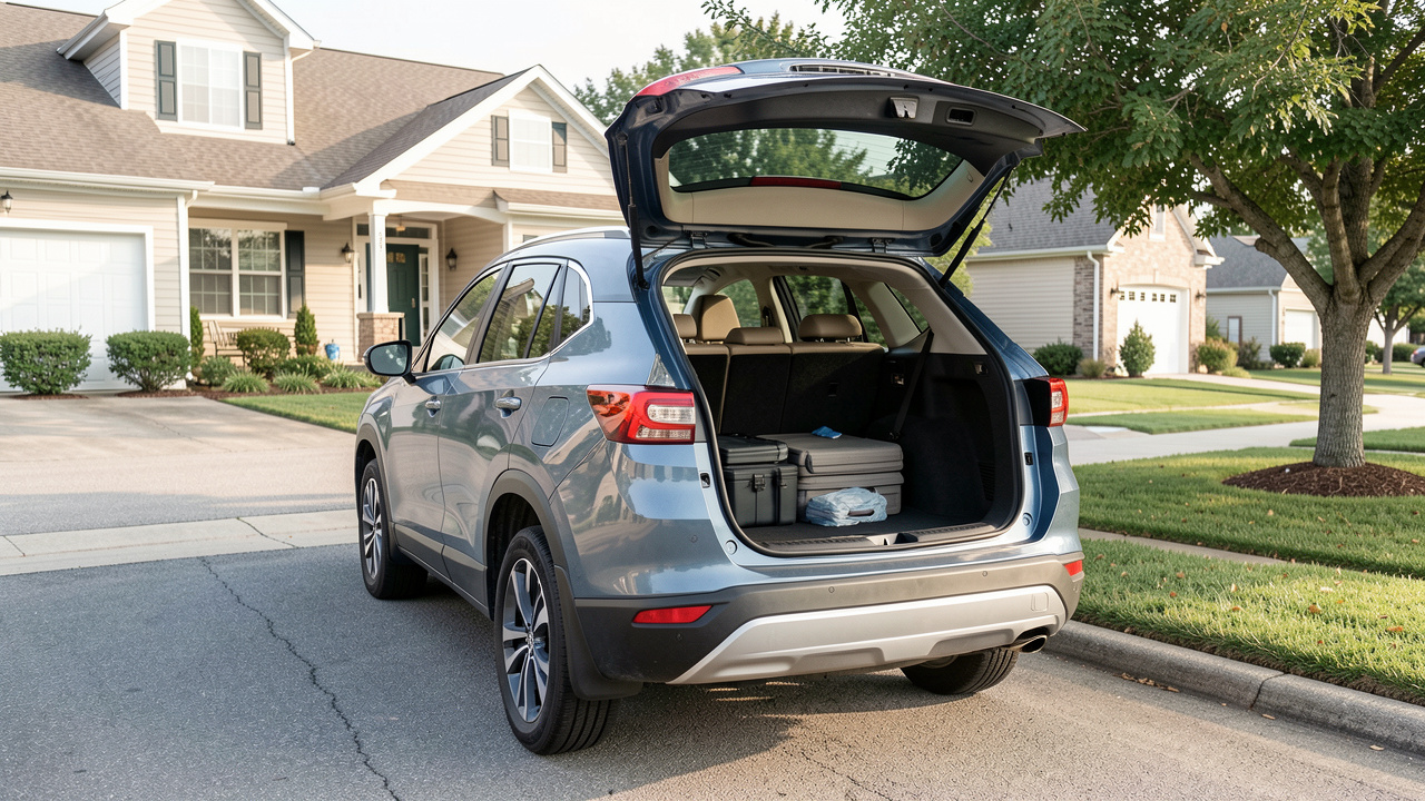 SUV hybride d’occasion bleu gris garé devant une maison, avec son coffre ouvert montrant un espace de rangement familial généreux.