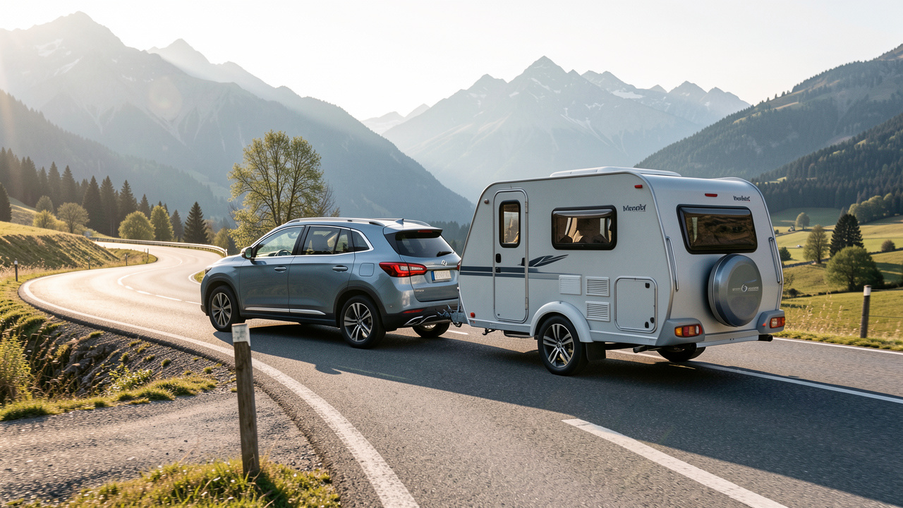 SUV d’occasion tractant une caravane compacte sur une route de montagne dans de bonnes conditions de sécurité.