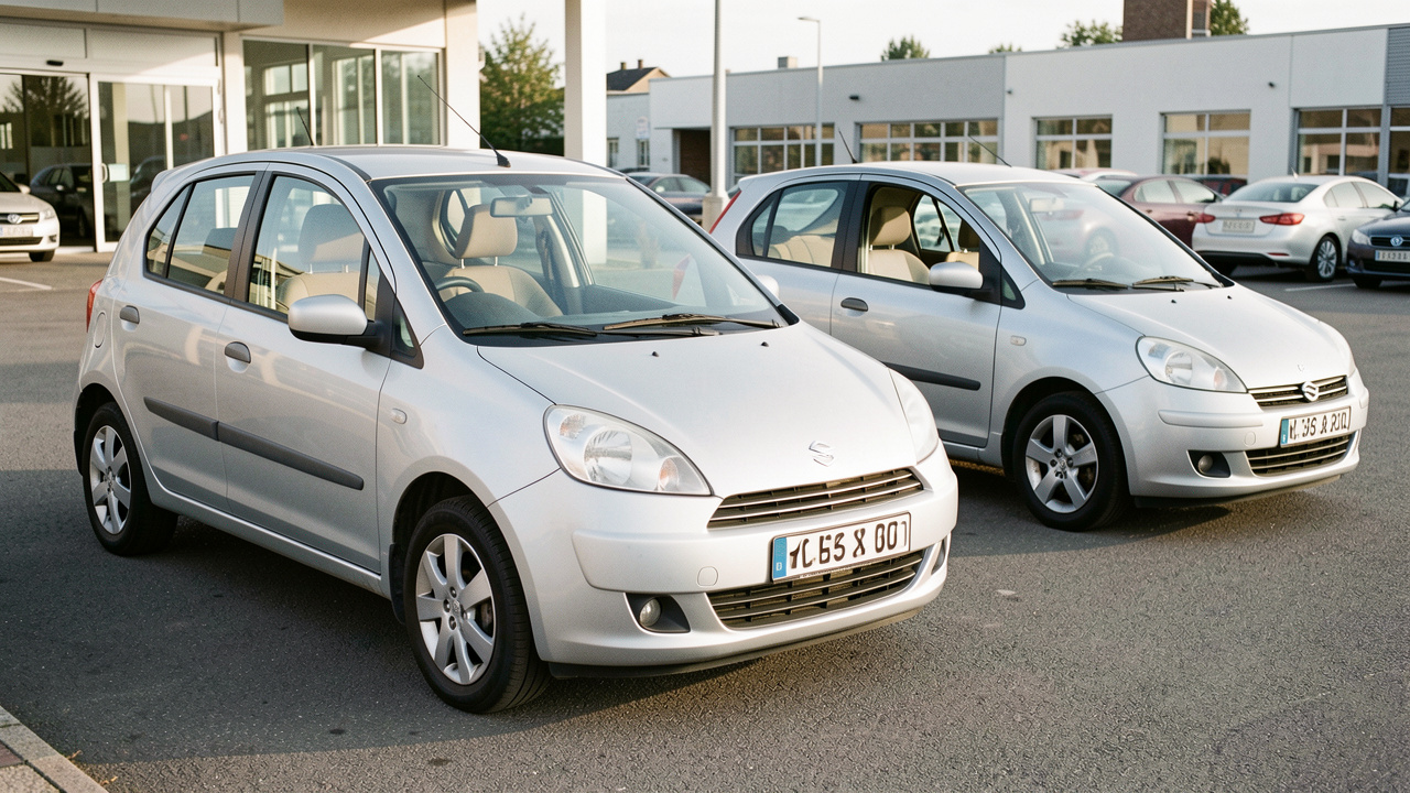 Deux citadines compactes d’occasion bien entretenues présentées sur un parking automobile, illustrant le choix des versions, des moteurs et du budget.