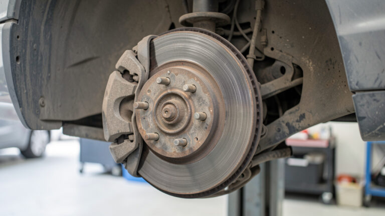 Gros plan sur le système de freinage avant d’une voiture d’occasion, avec des plaquettes usées et un disque marqué visibles dans un atelier.